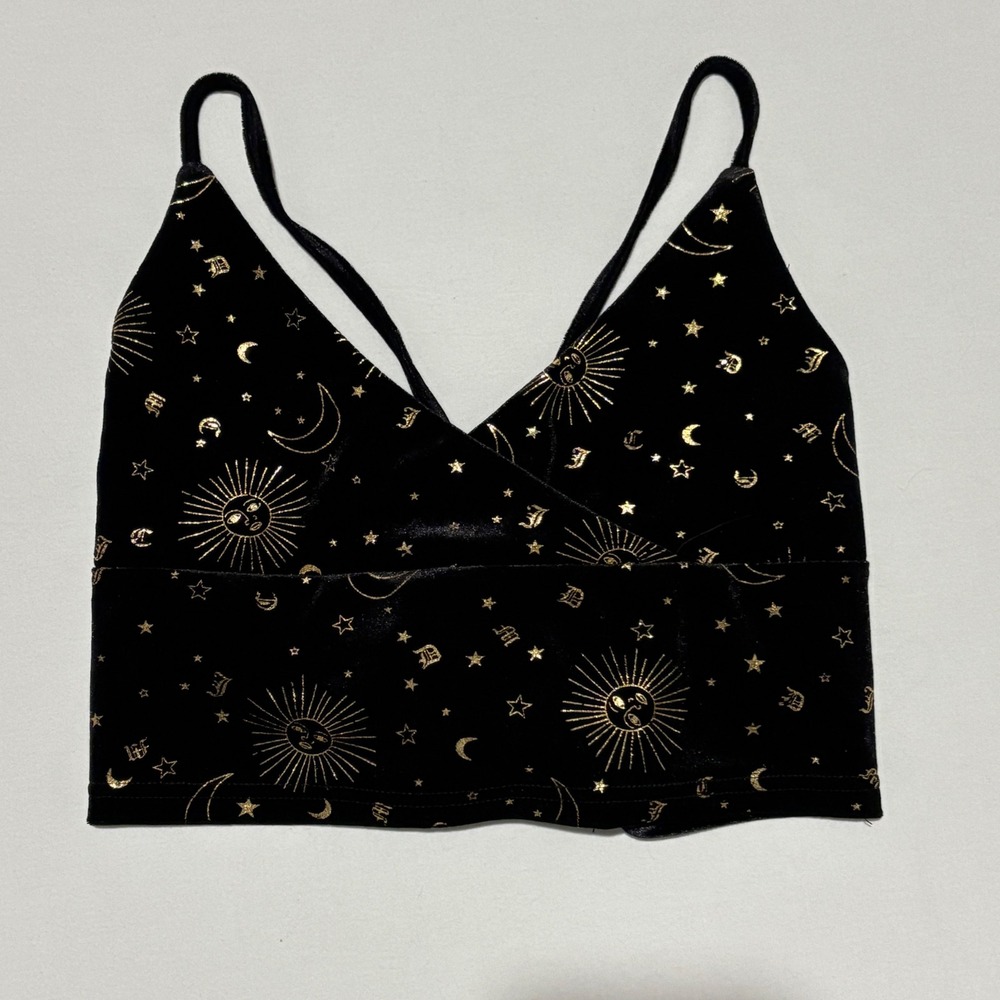 Black Velvet Celestial Crop Top Lace Up Back Women's L‎ Whimsigoth Y2K Fairycore - Picture 2 of 5